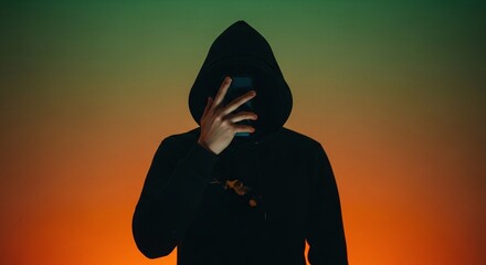 A mysterious figure in a dark hoodie stands against a vibrant gradient backdrop, obscuring their face while making a peace sign with their fingers