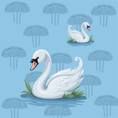 vector illustration of swans floating in the pond , water pond with water lily plant leaves.