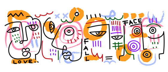 Abstract face portrait doodle line art hand drawn vector illustration for art print, wall art, decoration, banner and poster.