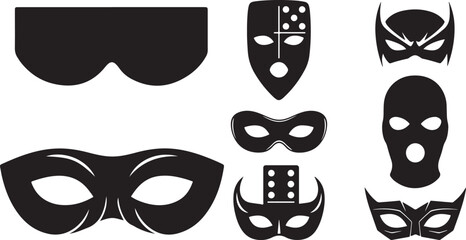 black silhouette masks set featuring domino, sleep, superhero, burglar, and anonymous balaclava designs for disguise and mystery