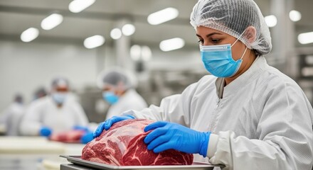 Woman processing raw meat in a food production facility