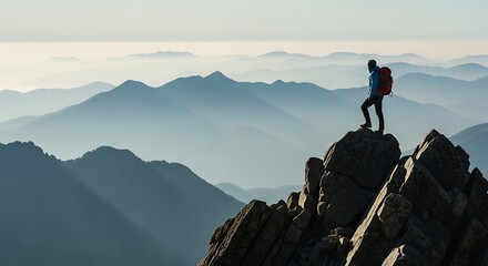 Hiker standing triumphantly atop a rugged mountain peak overlooking layers of hazy blue mountain ranges at sunrise or sunset Background image