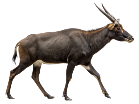 Majestic sable antelope animal, graceful wildlife mammal with large horns walking in profile isolated on transparent background