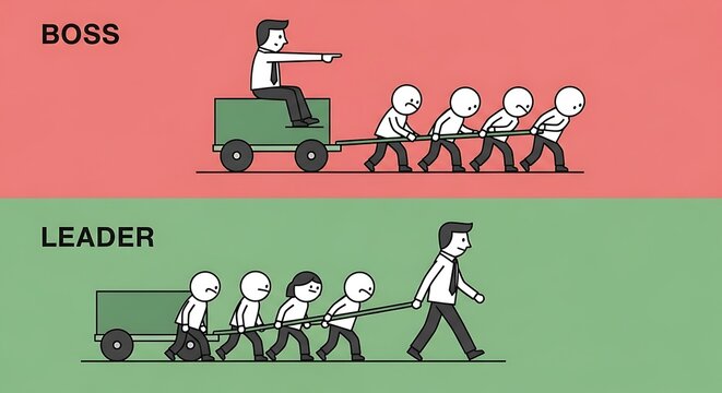 Illustration comparing a boss who directs from a cart pulled by employees versus a leader who pulls alongside them Background image