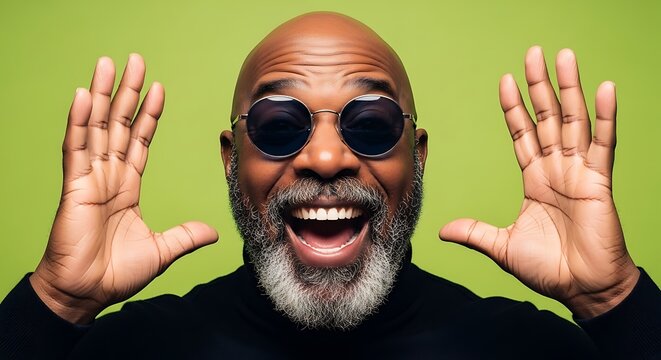 Excited bald black man with a salt and pepper beard wearing round sunglasses raises both hands against a bright green background image - Powered by Adobe