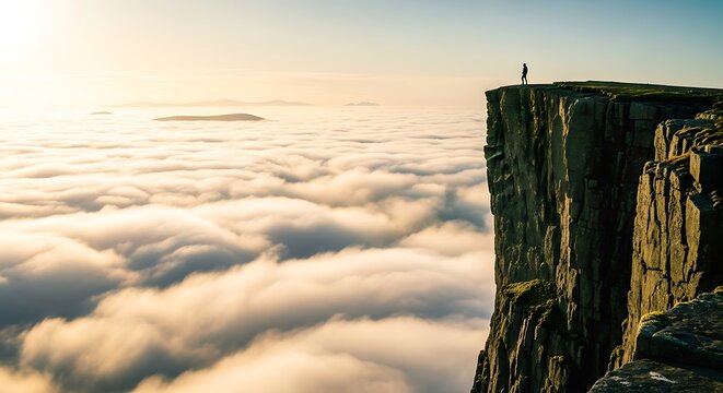 A lone figure stands atop a sheer cliff face overlooking a vast sea of golden clouds at sunrise or sunset Background image - Powered by Adobe