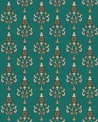 A lattice-like design of stylized flowers and foliage with graceful curves and symmetry. Soft olive, sage, and cocoa hues on a bright canvas produce a sophisticated, garden-inspired motif.