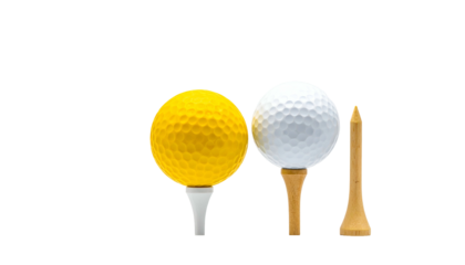 Two golf balls, yellow and white, on tees; a wooden tee stands alone. Isolated on black