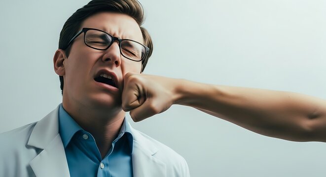 Man wearing glasses and a white lab coat getting punched in the face by a fist isolated on whiteBackground image