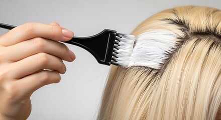 Naklejka premium Closeup of a person applying white hair bleach or dye to blonde hair roots with a black application brush Background image