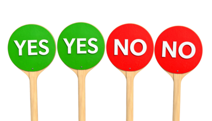 Four round signs on wooden sticks displaying "YES" & "NO" choices with green and red backgrounds