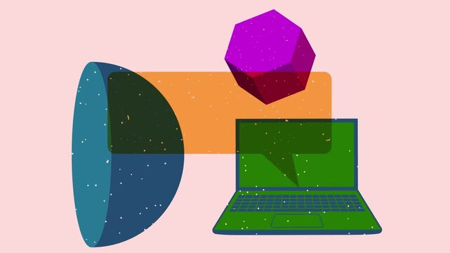 Laptop and geometric shaped elements with risograph effect professional animation video
