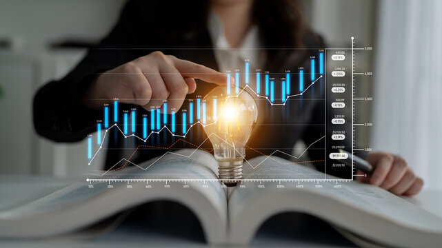 A professional woman interacts with data analysis while a light bulb symbolizes innovation and ideas for business growth. This image captures the essence of modern entrepreneurship. Scalp