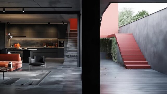Modern minimalist residential architecture split view. Dark industrial interior with kitchen & living room. Bold red exterior staircase.
