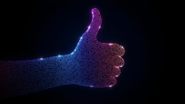 Futuristic Digital Thumbs Up with Neon Lights on Dark Background