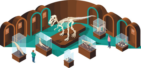 Isometric dinosaur museum exhibit with large T-Rex skeleton, fossil displays, glass cases, visitors exploring paleontology scene in detailed gallery © Md Nayim islam