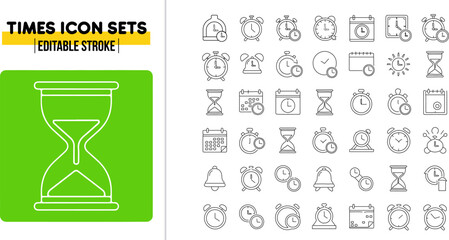 Futuristic Time thin linear vector illustration icon set with editable stroke, featuring clock, timer, alarm, time value, consistency, fast, waiting, time line, target time, rapid, speed thin line art