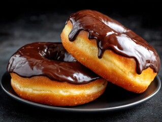 Two chocolate-frosted doughnuts are stacked on a black plate, ready to be eaten.