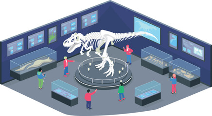 Isometric dinosaur museum exhibit with T-Rex skeleton, visitors exploring displays, fossil showcases, educational paleontology scene in modern gallery © Md Nayim islam
