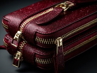 A deep red shimmering accessory features layers and gold zippers in a dark setting.