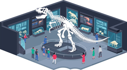 Isometric dinosaur museum exhibit with T-Rex skeleton, visitors exploring displays, fossil showcases, educational paleontology scene in modern gallery © Md Nayim islam