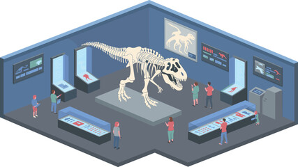Isometric dinosaur museum exhibit with T-Rex skeleton, visitors exploring displays, fossil showcases, educational paleontology scene in modern gallery © Md Nayim islam