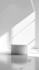 Minimalist studio scene with concrete cylinder podium shadows and light reflections