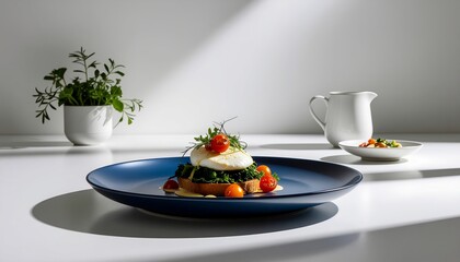 Gourmet poached egg dish with greens on toast served with cherry tomatoes and a small side salad