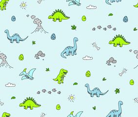 Seamless pattern drawn in doodle style on the theme of dinosaurs and the Jurassic period