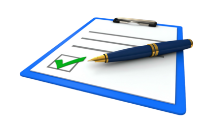 A blue clipboard with a pen laying over it, with a completed checkbox