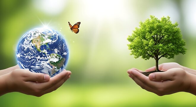 Two hands gently holding planet earth and a small vibrant green tree symbolizing environmental care and nature conservation Background image