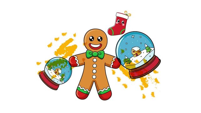 Snow Globe and Gingerbread Man Christmas Cookie geometric shaped elements with risograph effect professional animation video