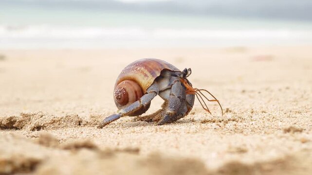 Solitary hermit crab moving cautiously along wet sandy shoreline 