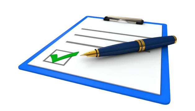 A blue clipboard with a pen laying over it, with a completed checkbox