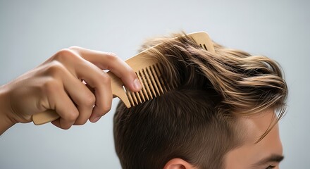 Closeup of a person using a wooden comb to style their light brown, slightly messy hair against a lightBackground image