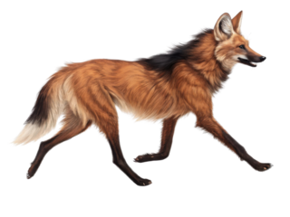 Focused maned wolf, wild animal and canid from South America, walking. This brown fur illustration shows creature in profile view