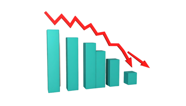 A 3D bar graph shows declining data with a red downward pointing arrow on a black background