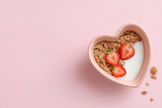Heart shaped bowl with yogurt, granola, and strawberry halves on a pink background. Perfect for health food articles or social media posts.