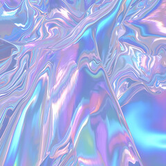 Iridescent abstract colorful background featuring a 3D render of a holographic foil and liquid petrol surface, characterized by ripples and metallic reflections. The description conveys an esoteric au