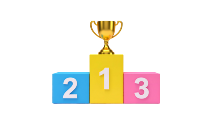 A gold trophy rests on a podium colored blue, yellow, and pink with ranking numbers