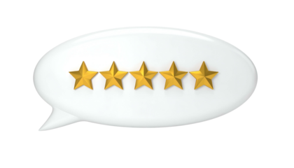 A white speech bubble with a shadow, displaying five gold stars representing a top rating