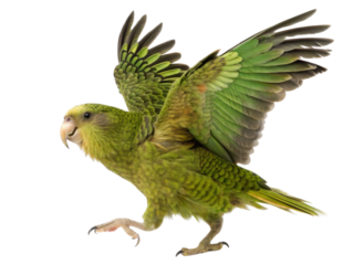 Cheerful green kakapo, flightless parrot from New Zealand, walking. This endangered wildlife bird animal isolated transparent background
