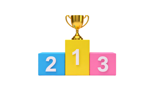A gold trophy rests on a podium colored blue, yellow, and pink with ranking numbers