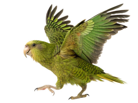 Cheerful green kakapo, flightless parrot from New Zealand, walking. This endangered wildlife bird animal isolated transparent background