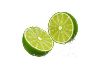photorealistic macro shot of two suspended lime halves bursting with clear juice and thousands of frozen droplets, isolated on a white background. concept for beverage advertising