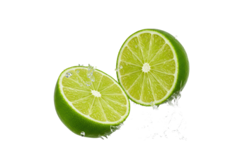 photorealistic macro shot of two suspended lime halves bursting with clear juice and thousands of frozen droplets, isolated on a white background. concept for beverage advertising