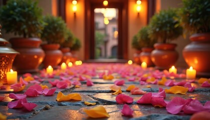Pathway entrance decorated with flower petals candles and lamps. Warm festive welcoming atmosphere creates a romantic inviting mood for celebration. Perfect design for hospitality design or decor.
