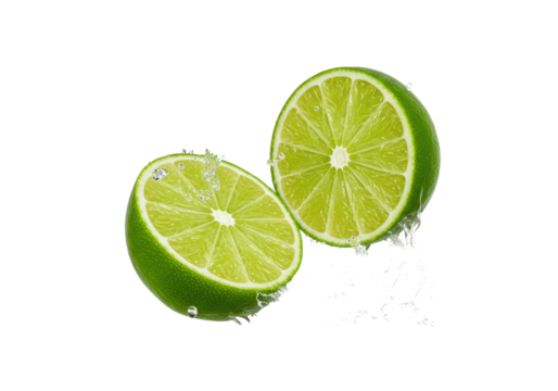 photorealistic macro shot of two suspended lime halves bursting with clear juice and thousands of frozen droplets, isolated on a white background. concept for beverage advertising