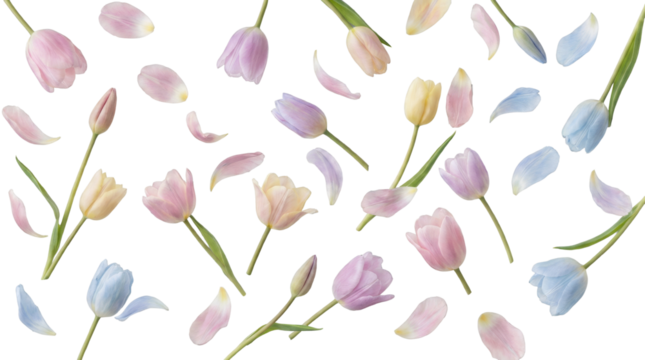 Delicate Tulips and Petals PNG Transparent Image, Isolated Floral Elements Design