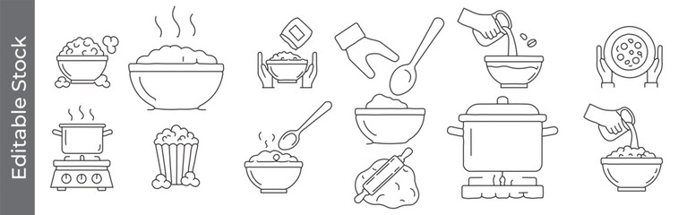 Rice and cooking line icon set – editable outline symbols of bowl, pot, popcorn, spoon, hand and kitchen preparation
